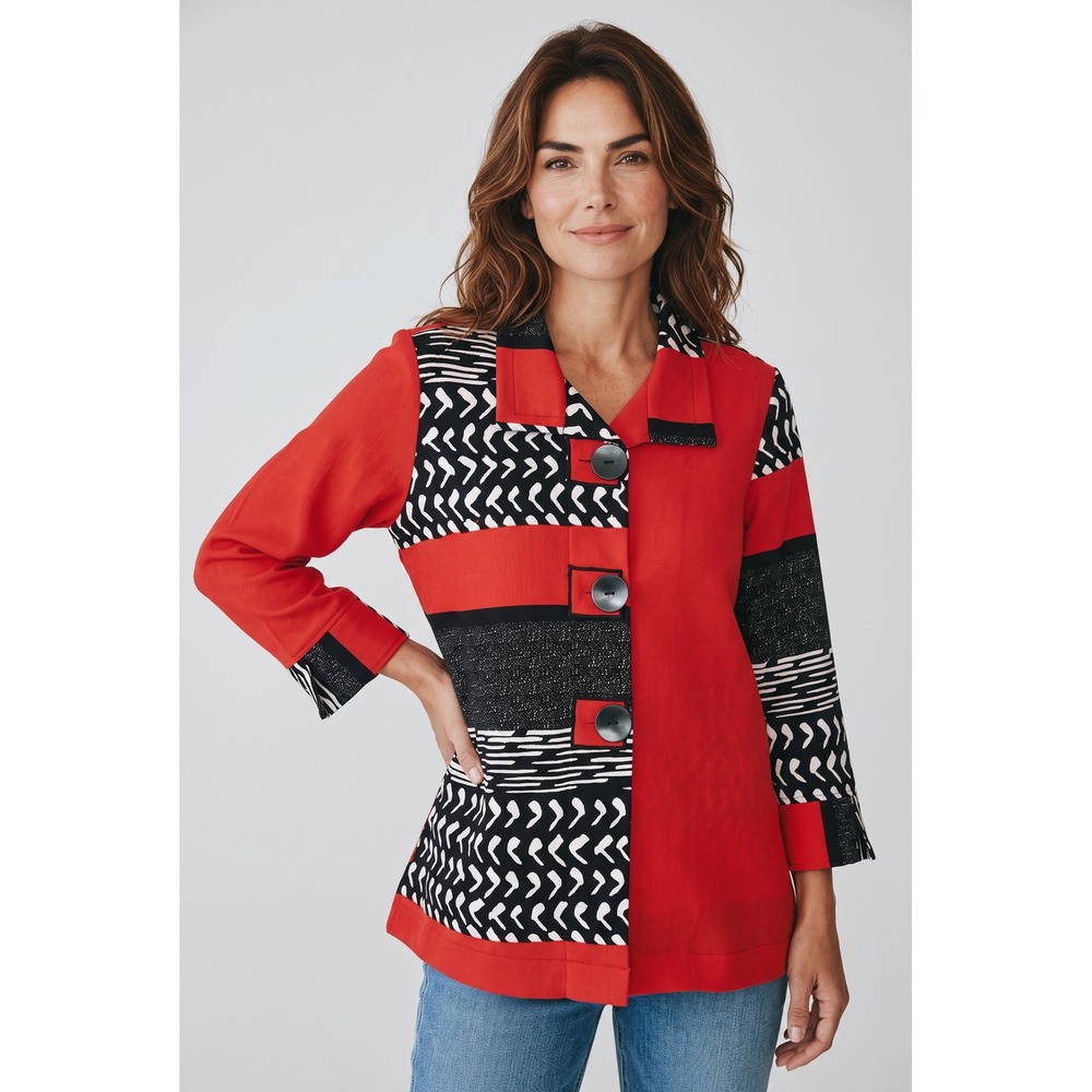 Artistic Red Black White Mixed Print Button Front Tunic Jacket Side Slits